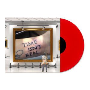 Grabbitz "Time Isn't Real" Vinyl album cover. Image depicts an art gallery with someone looking at a painting of someone having the text Time Isn't Real tattooed on their wrist. Vinyl is red. 