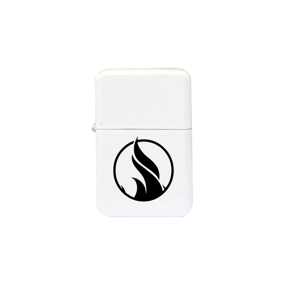 White lighter on a white background. Black flame logo on the front of the lighter. 