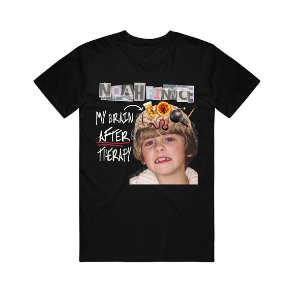 Black tee on a white background. Newspaper clipping logo NOAHFINNCE over a picture of a kid with stuff on his brain. 