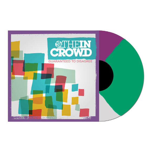 Album cover for We Are The In Crowd’s Guaranteed to Disagree, with colorful overlapping rectangles on white. A limited-edition teal and gray vinyl (500 made) is partly visible, emerging from the right side.