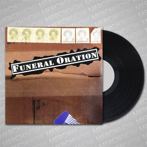 Funeral Oration’s Black LP features cover art with brown envelope collages, portrait stamps, and a torn paper effect on a gray background patterned with repeated “MERCH NOW” text.