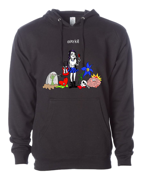 Black pullover on a white background. Image shows various cartoon objects (brain, grave with zombie hand, heart, girl with guitar, sunflower) underneath white text overkill.