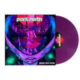 Vinyl Album cover for Point North "Brand New Vision" album cover. Futuristic anime image of a reflection of a girl walking away from someone into a city.  Vinyl is purple