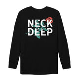 Black long sleeve on a white background. Back print shows White NECK DEEP text over a red rose with green petals. 