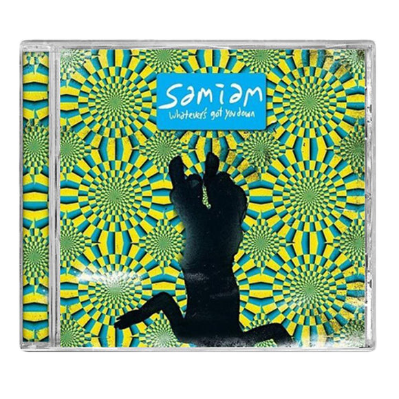 Samiam CD cover for Whatevers Got You Down shows an upside-down hand peace sign silhouette on a vibrant yellow, green, and blue geometric background—a bold punk rock tribute from Samiam.