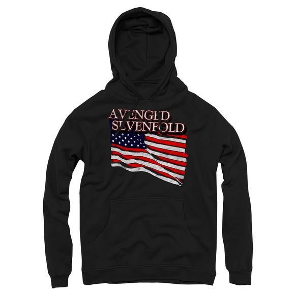 Black pullover on a white background. American flag printed on the chest. Above, text Avenged Sevenfold in white with red borders.