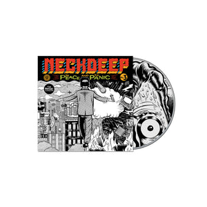 CD Album cover for Neck Deep "The Peace And The Panic".  Top part of the album cover has NECK DEEP - THE PEACE AND THE PANIC text. Rest is a man floating in the air with scenery split between peace and war.  