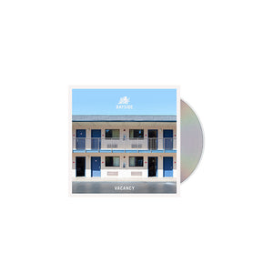 CD Album cover for Bayside "Vacancy" on a white background. Album cover shows the side of a hotel building with multiple rooms. Bayside logo above. Vacancy text on the bottom.