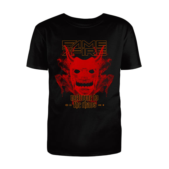 image of a black tee shirt on a white background. full chest print on front of tee of a red devils face in the center. on top it says fame on fire, and below says welcome to the chaos.