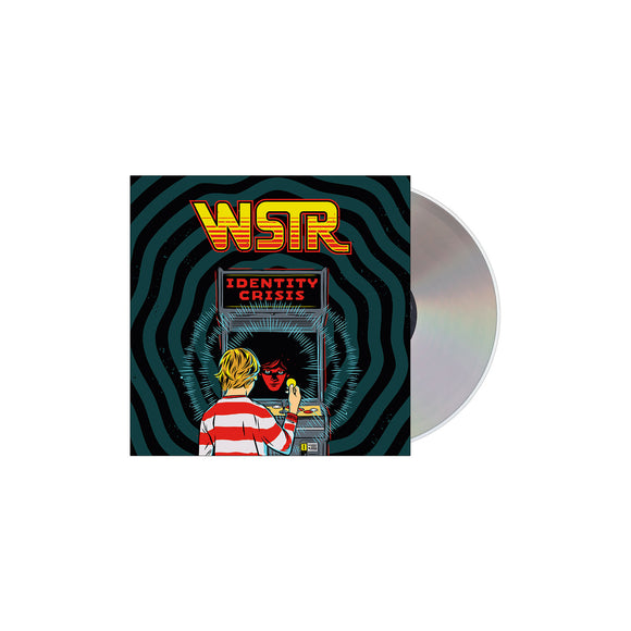WSTR Identity Crisis album CD cover, with a cartoon of a person playing an arcade game against a masked rival, set on bold wavy blue and black patterns. Brand: WSTR.