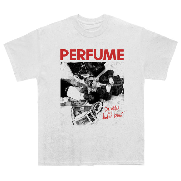 White t-shirt on a white background. Purfume in red text above a black & white image of De'Wayne and guest. 
