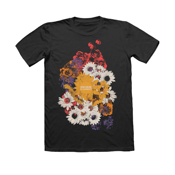 Black tee on a white background. Bouquet of flowers on the chest in red, orange & white. Sincere Engineer in white text in the middle
