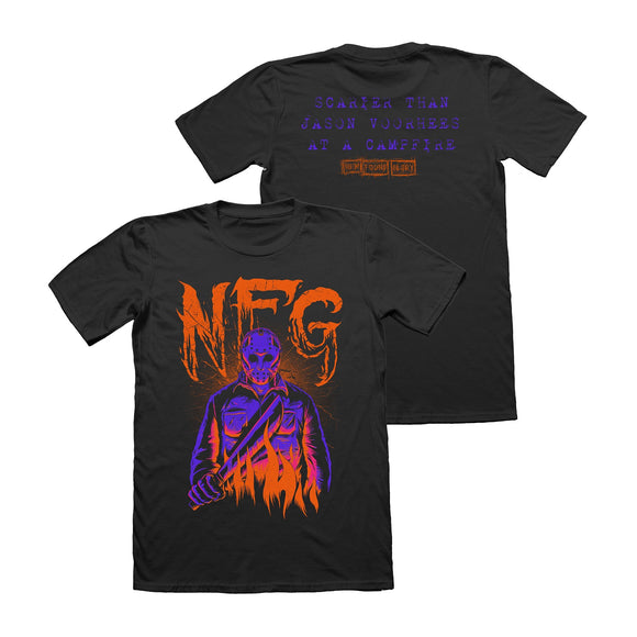 Black Tultex campfire shirt by New Found Glory featuring a masked figure with a machete and bold orange 