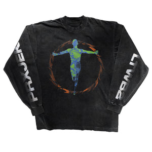 Black long sleeve on a white background. Right sleeve has white text PRXJEK. Left sleeve has white text LTWB2. Chest print shows a silhouette of a person in a ring of fire. 