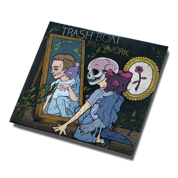 An illustrated album cover for Trash Boat’s Brainwork CD shows a woman with purple hair gazing into a mirror, where her reflection is a skeleton with peeling skin. A framed flower picture hangs on the wall.