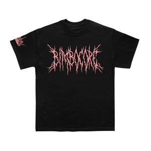 Black tee on a white background. Metal Text in red "Bimbocore". Right sleeve has a crown in red
