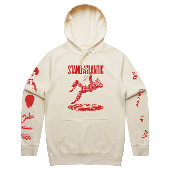 Bone pullover on a white background. Red print has Stand Atlantic in red print above an image of a devil in a red & white suit hovering above a pit of fire. Right sleeve has various imagery from the album cover and left sleeve has text Fuck Everything And Run.
