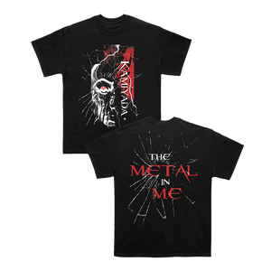 Black t-shirt on a white background. Front of the tee has a robot face with a red eye with text Kamiyada+. Back print says THE METAL IN ME with glass shatter effect. 