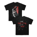 Black t-shirt on a white background. Front of the tee has a robot face with a red eye with text Kamiyada+. Back print says THE METAL IN ME with glass shatter effect. 