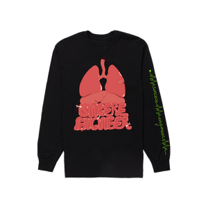 Black long sleeve on a white background. Cartoon organs stacked with intestines' spelling Sincere Engineer. Left sleeve has green text that mimics a heart rate blip spelling Sincere Engineer., 