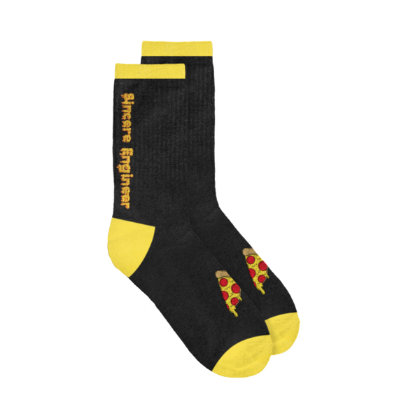 Black & Yellow socks with pizzas near the toes and Sincere Engineer text down the ankles