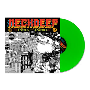 Vinyl Album cover for Neck Deep "The Peace And The Panic".  Top part of the album cover has NECK DEEP - THE PEACE AND THE PANIC text. Rest is a man floating in the air with scenery split between peace and war. Neon Green Vinyl.  