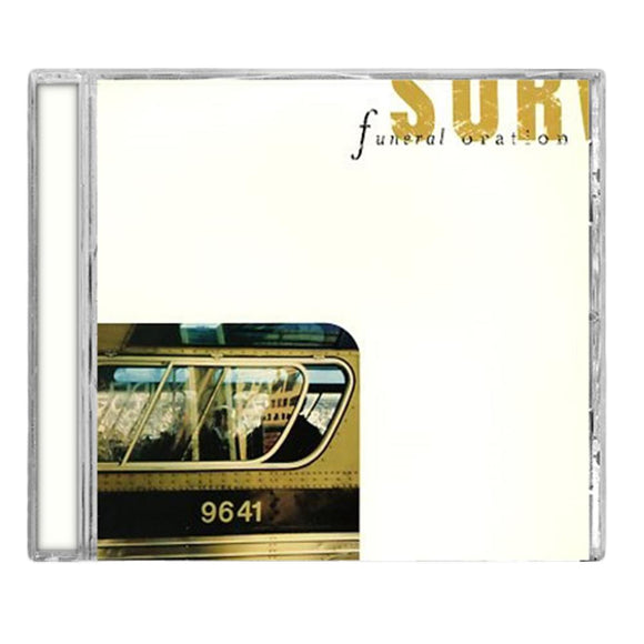 CD cover for Funeral Oration by Funeral Oration, with a minimalist design showing part of subway car 9641 and abstract reflections on a mostly white background. Tracklisting details are subtly included.