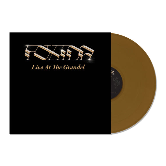 image of a gold vinyl record on the right coming with the black album cover on the left that says foxing live at the grandel on a white background