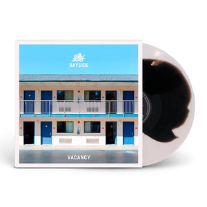 Vinyl Album cover for Bayside "Vacancy" on a white background. Album cover shows the side of a hotel building with multiple rooms. Bayside logo above. Vacancy text on the bottom. Vinyl is Cloudy Clear with Black