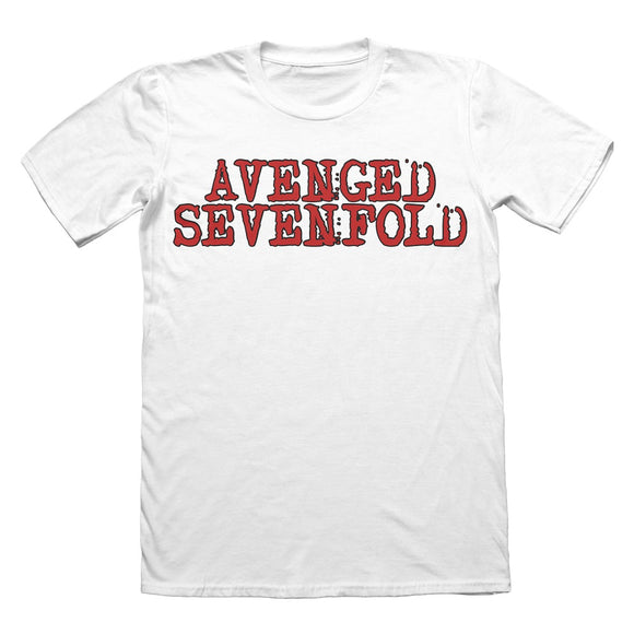White tee on a white background. Red text on the chest that reads Avenged Sevenfold. 