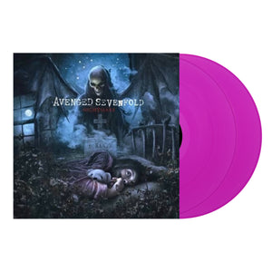 Vinyl Album cover for Avenged Sevenfold "Nightmare' on Neon Violet double vinyl on a white background. Skull creature with wings hovers over a girl in her bed looking up. 