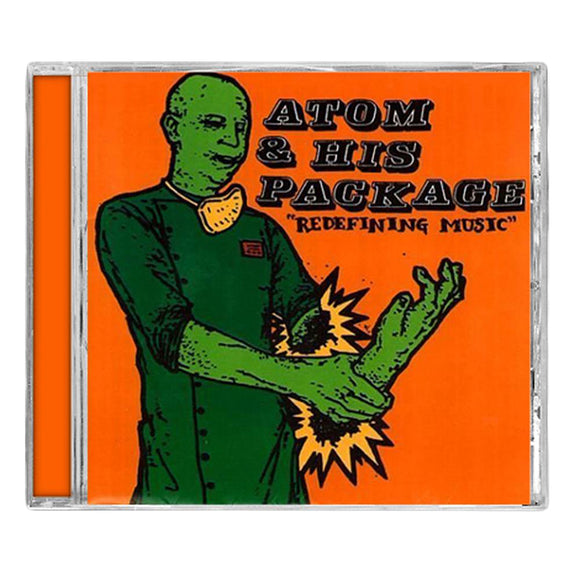 CD cover for Atom And His Package features a green illustrated figure adjusting a detachable arm on an orange background, with the album title in bold black text, suggesting the music tracklisting is included inside.