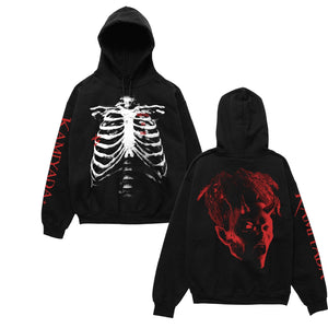 Black pullover on a white background. Front shows a white print red cage across the full front of the pullover. Right sleeve has Kamiyada+ in red ink. Back shows a red image of a scary mask. 