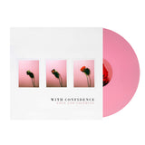 A pink vinyl record slides out of its album cover, which shows With Confidence’s Love And Loathing title and three Polaroid photos of a single rose on pink, hinting at the Pink Tracklist inside.
