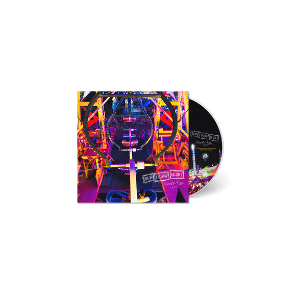 CD and case featuring a vibrant, abstract design with geometric shapes and neon lights. The New Found Glory Forever + Ever x Infinity CD is partially out of the case, displaying white text on black, all set against a white background.