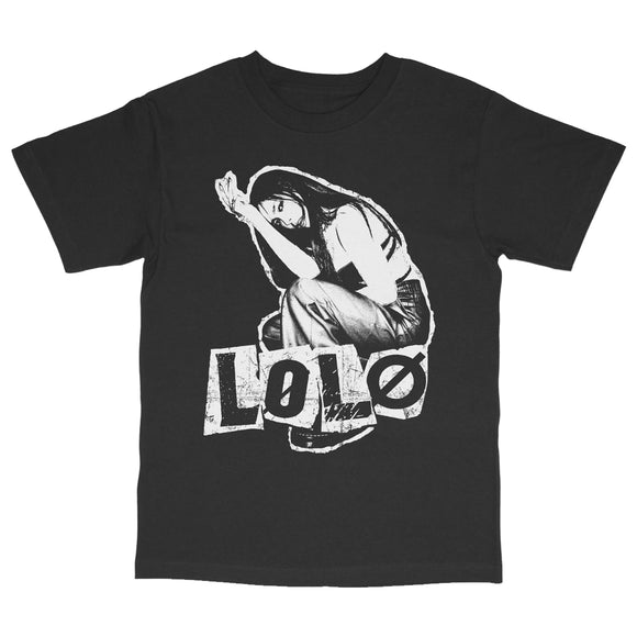 Black tee on a white background. Black & white image of L0L0 over the text L0L0