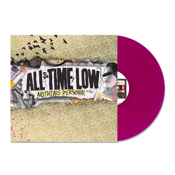 Vinyl Album on white background. All Time Low - Nothing Personal. Collage of various imagery on a yellow/gold patterned background. Neon Purple Vinyl