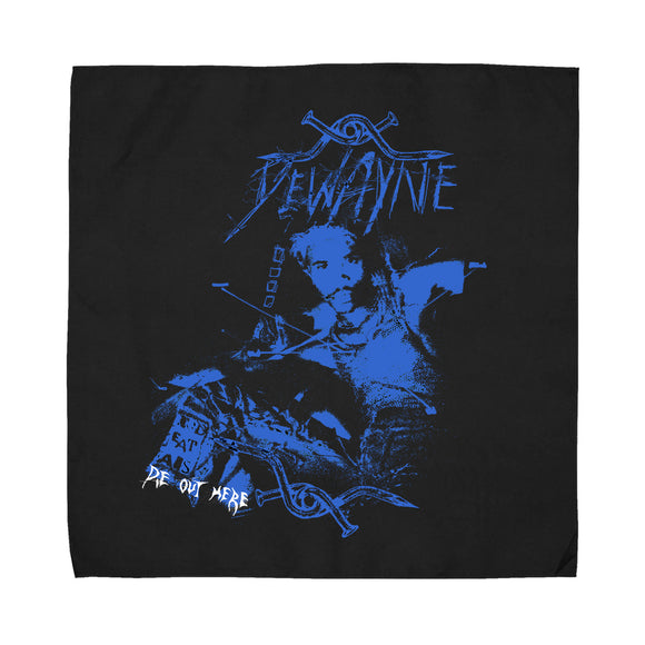 Black bandana on a white background. Show a blue print of De'Wayne with a collage of various items.  White Text 