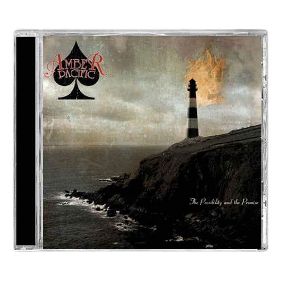 A CD cover displays a lighthouse with its lit beacon on a rocky coast under cloudy skies. Amber Pacific (brand name) appears at the top left, while The Possibility and the Promise is in cursive at the bottom right.
