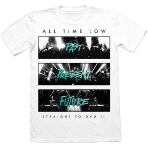 White t-shirt on a white background. Black text All Time Low at the top. Black Text Straight To DVD II at the bottom. In between 3 live shots of the band in black & white with each contain text PAST. PRESENT. FUTURE. 