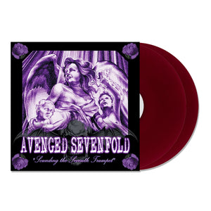 Vinyl album cover for Avenged Sevenfold "Sounding The Seventh Trumpet" on Double Transparent Purple vinyl. White & Purple angels over album text. 4 purple roses in the corners. 