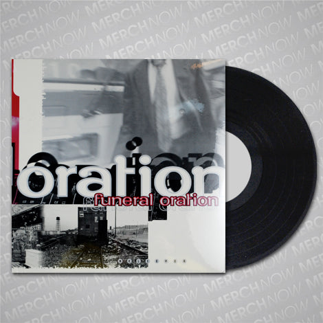 A black LP partially in its sleeve. The cover shows black-and-white abstract visuals with bold white and red “Funeral Oration” branding. A subtle gray “MERCHNOW” pattern repeats in the background.
