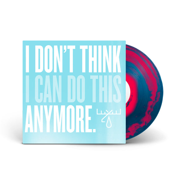 A Moose Blood vinyl record with a blue and magenta marbled pattern peeks out from behind a light blue album cover that boldly states “I DON’T THINK I CAN DO THIS ANYMORE.” in crisp white text—a striking display of color and feeling.