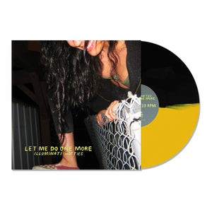 Vinyl Album cover for Illuminati Hotties "Let Me Do One More". Shows woman leaping fence with a smile with Band & Album name at the bottom. Vinyl is Black & Yellow Split. 