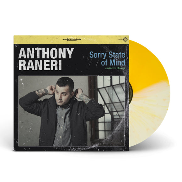 Album Vinyl Cover. Anthony Raneri - Sorry State of Mind (A Collection of Songs). Image of Anthony Raneri over a black background with a yellow tripe at the top. Vinyl is Half White & Half Yellow Splatter