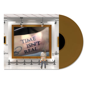 Grabbitz "Time Isn't Real" Vinyl album cover. Image depicts an art gallery with someone looking at a painting of someone having the text Time Isn't Real tattooed on their wrist. Vinyl is gold. 