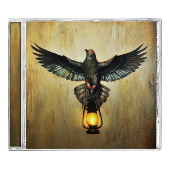 A Silverstein CD cover depicts a pigeon with spread wings holding a glowing lantern in its feet, set against a warm, textured background—an evocative symbol for Forget Your Heart.
