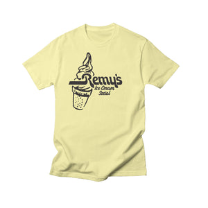 Banana cream tee on a white background. Text Remy's Ice Cream Social on the chest w/ an ice scream cone. 