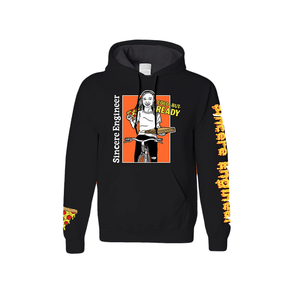 Black pullover on a white background. Cartoonish woman holding a pizza riding a bike with yellow text Cold But Ready. Pizza printed on the right sleeve by the wrist  Sincere Engineer printed on the left sleep in yellow & red print